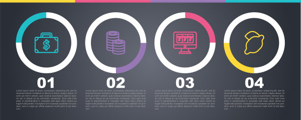 设置线公文包和钱，赌场筹码，在线老虎机与头奖和柠檬。业务信息图表模板。向量图片下载