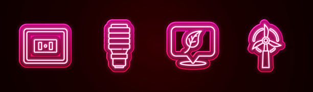 设置线路电源插座，LED灯泡，位置与叶片和风力涡轮机。发光的霓虹灯图标。向量图片下载