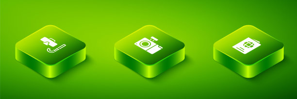 设置等距相机，护照和潜水面罩和浮潜图标。向量图片下载