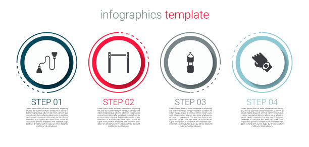 设置扩胸器，单杠，瓶装水和智能手表指针。业务信息图表模板。向量图片下载