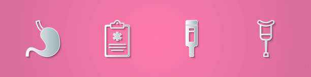 集剪纸人体胃，临床记录，数字温度计和拐杖拐杖图标。纸艺风格。向量图片下载