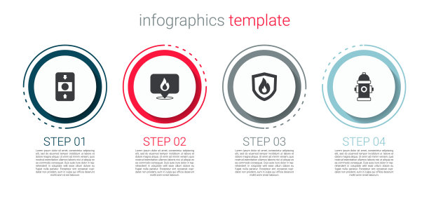 设置火灾报警系统，有火苗的位置，防护罩和消火栓。业务信息图表模板。向量图片下载