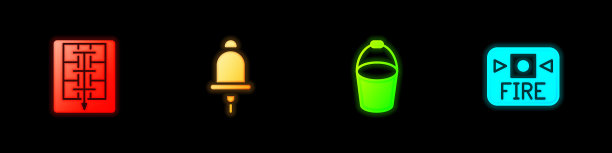 设置疏散计划、响警铃、消防桶和系统图标。向量图片下载