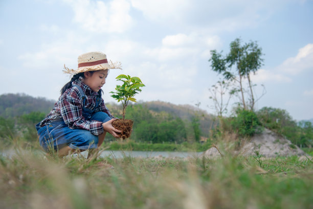 为了减少全球变暖的生长特征，保护自然地球，亚洲儿童在自然春天的户外种植树苗。图片下载
