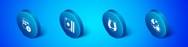 设定等距彩票球宾果卡，马蹄铁，赌场筹码和扑克牌图标的甲板。向量图片下载