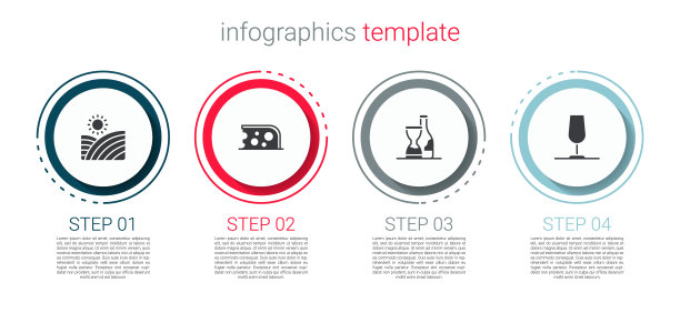 集葡萄园葡萄酒葡萄，奶酪，瓶子和酒杯。业务信息图表模板。向量图片下载