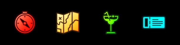 集指南针，折叠地图，鸡尾酒和邮轮门票图标。向量图片下载