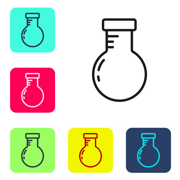 白色背景上隔离的试管和烧瓶化学实验室测试图标。实验室玻璃器皿标志。设置图标为彩色方形按钮。向量图片下载