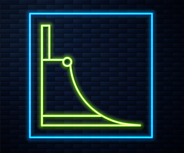 发光的霓虹灯线滑板公园图标孤立的砖墙背景。滑板场的坡道，滚轮，楼梯。极限运动。向量图片下载
