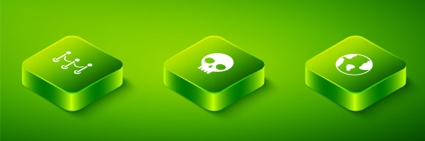 设置等距人类头骨，地球和绳索障碍图标。向量图片下载