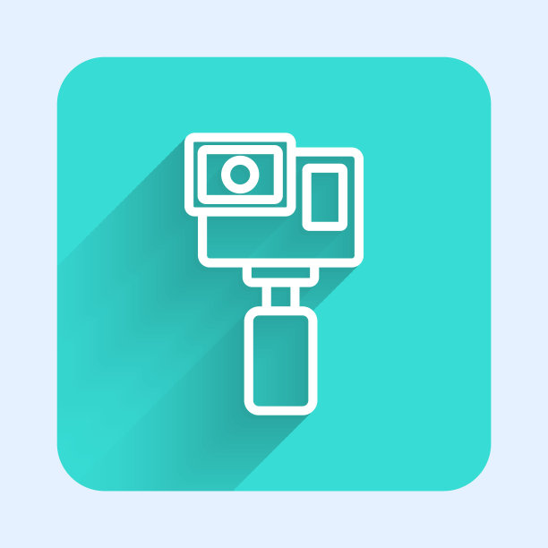 白线行动极端相机图标孤立与长阴影背景。用于拍摄极限运动的摄像机设备。绿色方形按钮。向量图片下载