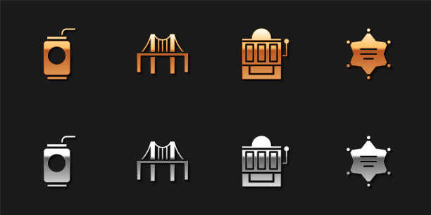 设置汽水罐与稻草，金门大桥，老虎机和六角星警长图标。向量图片下载