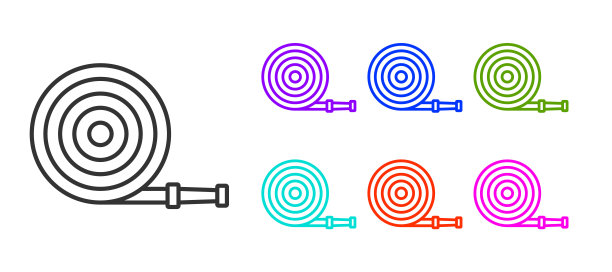 黑线消防软管卷轴图标孤立在白色背景。设置图标彩色。向量图片下载