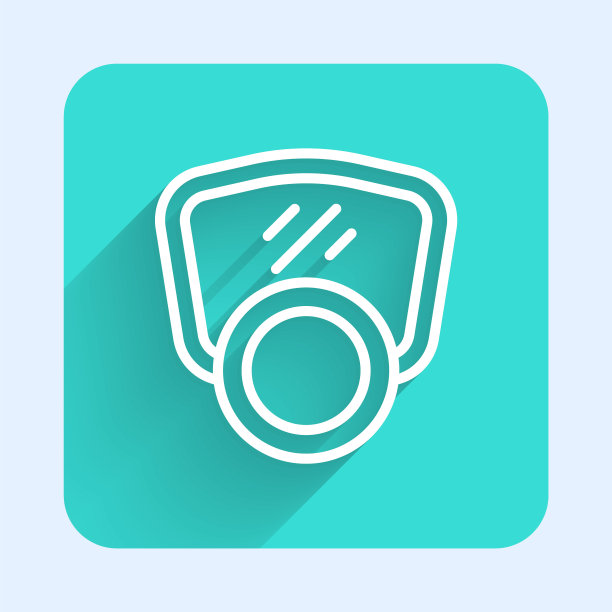 白线防毒面具图标孤立的长阴影。呼吸器的迹象。绿色方形按钮。向量图片下载