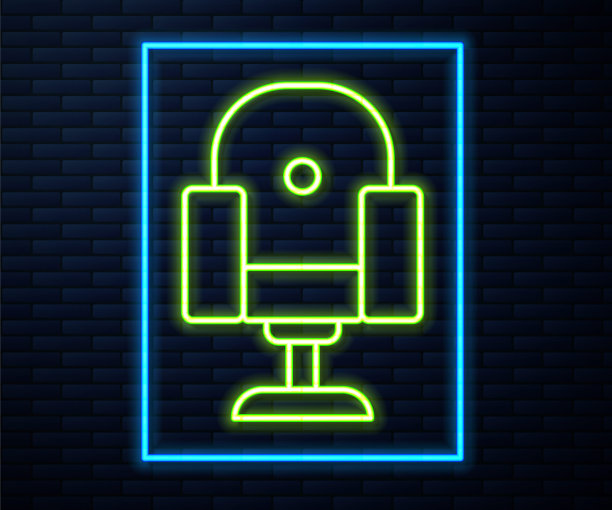 发光的霓虹灯线导演电影椅子图标孤立的砖墙背景。电影行业。向量图片下载