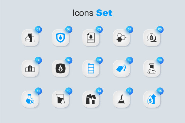 设置汽油机油罐，有美元符号的油滴，在盾牌上，汽油试管，价格上涨，油箱储存和桶图标。向量图片下载