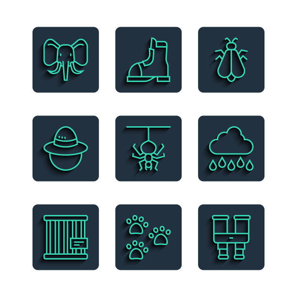 集线动物笼子，爪印，双筒望远镜，蚊子，蜘蛛，露营帽，大象和云与雨的图标。向量图片下载