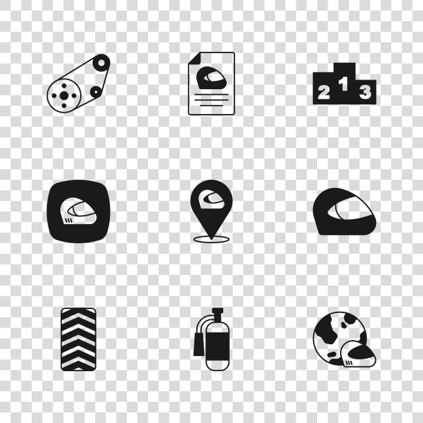 设置灭火器，赛车头盔，奖项超过体育冠军领奖台，计时带套件，和图标。向量图片下载