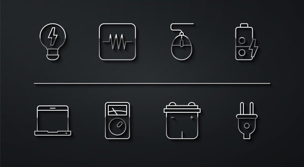 创意灯创意，笔记本电脑，电池充电，汽车电池，电流表，万用表，电阻器在电子电路，电源插头和电脑鼠标图标。向量图片下载