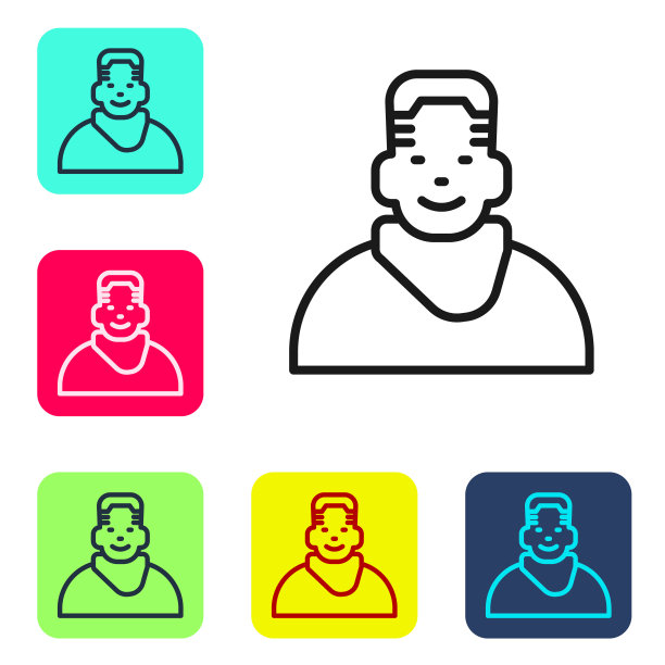 黑线客户端在理发店图标孤立的白色背景。设置图标为彩色方形按钮。向量图片下载