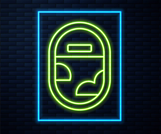 发光的霓虹灯线飞机窗口图标孤立的砖墙背景。飞机舷窗。向量图片下载