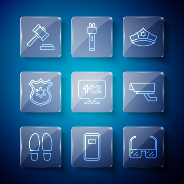 脚步、警察盾牌、安全护目镜、帽徽、112电话、徽章、法官 gavel 和监控摄像头图标矢量素材图片下载