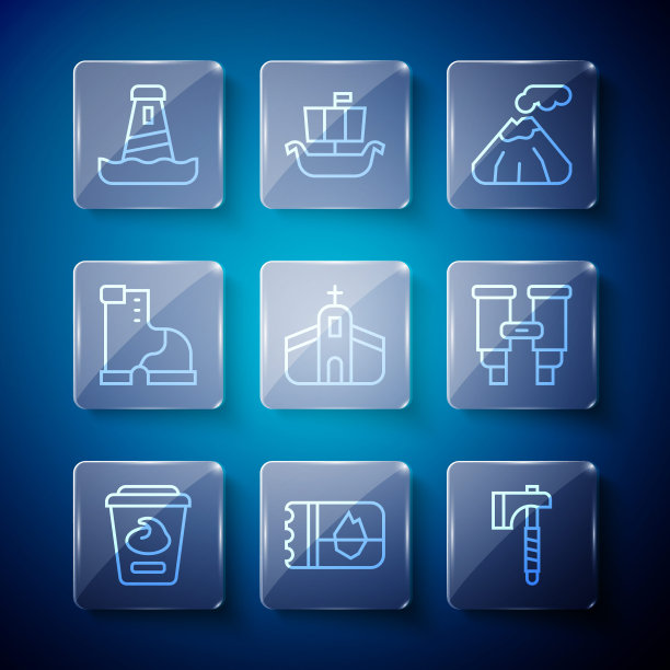 集线酸奶容器，票冰岛，木斧，火山，教堂建筑，冬季暖靴，灯塔和双筒望远镜图标。向量图片下载