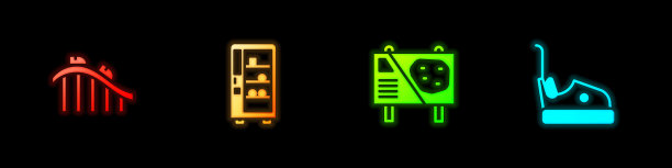 设置过山车，自动售货机，游乐园广告牌和碰碰车图标。向量图片下载