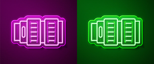 发光的霓虹灯线相机照片镜头图标孤立的紫色和绿色的背景。向量图片下载