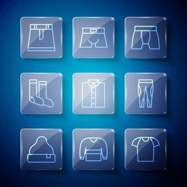 设置线豆帽，毛衣，t恤，男人内裤，衬衫，袜子，裙子和打底裤图标。向量图片下载