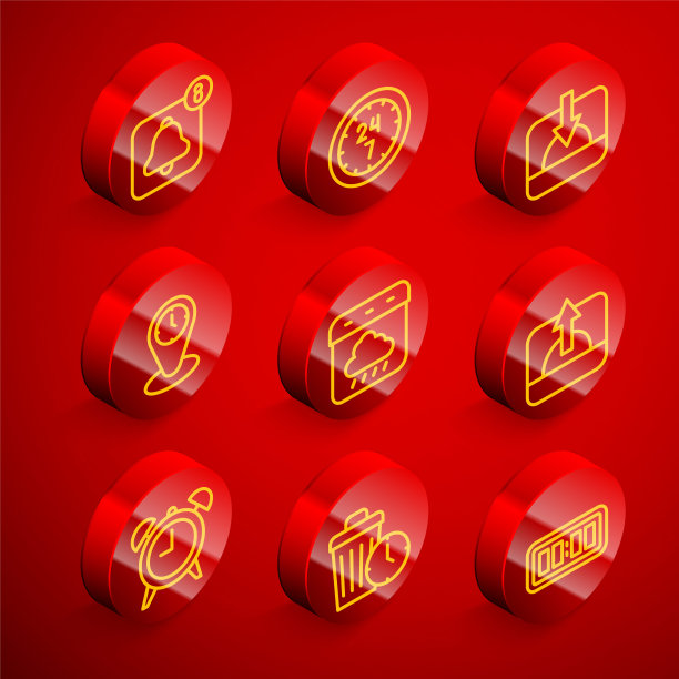 设置线闹钟应用程序移动，时钟24小时，日落，时区时钟，日历秋天，日出，浪费时间图标。向量图片下载