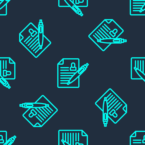 绿线简历图标隔离无缝模式上的蓝色背景。简历的应用程序。寻找专业人员。分析人员简历。向量图片下载