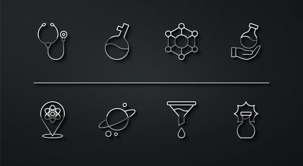 设置线听诊器，原子，试管，漏斗或过滤器，行星土星，爆炸在烧瓶和分子图标。向量图片下载