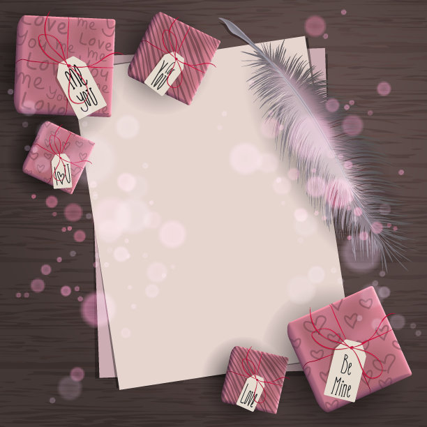 纸张与羽毛和粉红色礼盒与标签和散景对木材背景概念的顶视图。文本的空白和空白。节日设计，装饰。矢量插图。图片下载