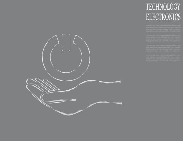 电源按钮在灰色背景的手上。图片下载