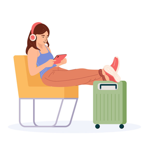 小女孩在飞机上候机。漂亮女人坐在机场候机室里，一边听音乐，一边看平板电脑。平面矢量插图隔离在白色背景图片下载