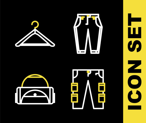 集线裤子，工装裤，运动包和衣架衣柜图标。向量图片下载