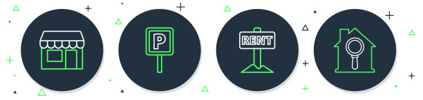 设置线停车，悬挂标志与租金，市场商店和搜索房子图标。向量图片下载
