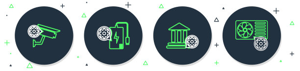 设置线路充电宝设置，银行大楼，安全摄像头和空调图标。向量图片下载