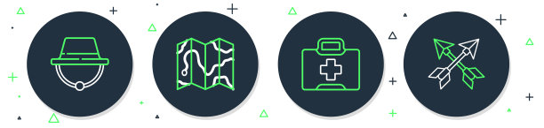 设定地图上森林的位置，急救箱，野营帽和交叉箭头图标。向量图片下载