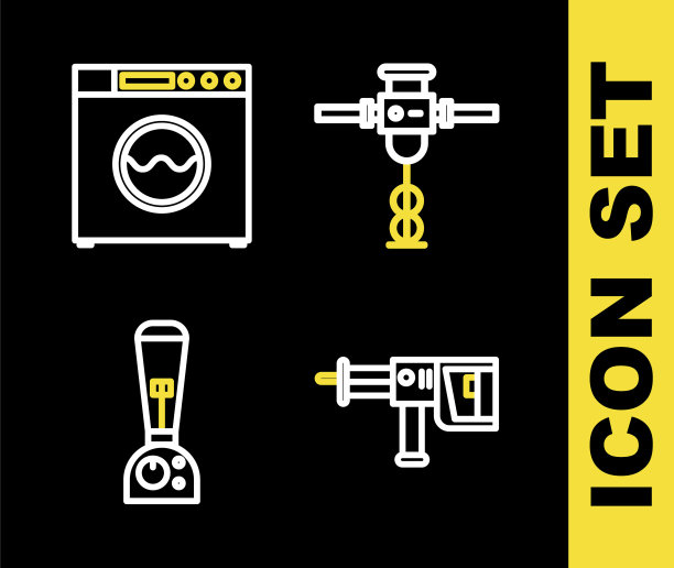 设置线施工手提钻，旋转钻机，搅拌机和洗衣机图标。向量图片下载