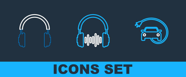 设置线路电动汽车，耳机和声波图标。向量图片下载