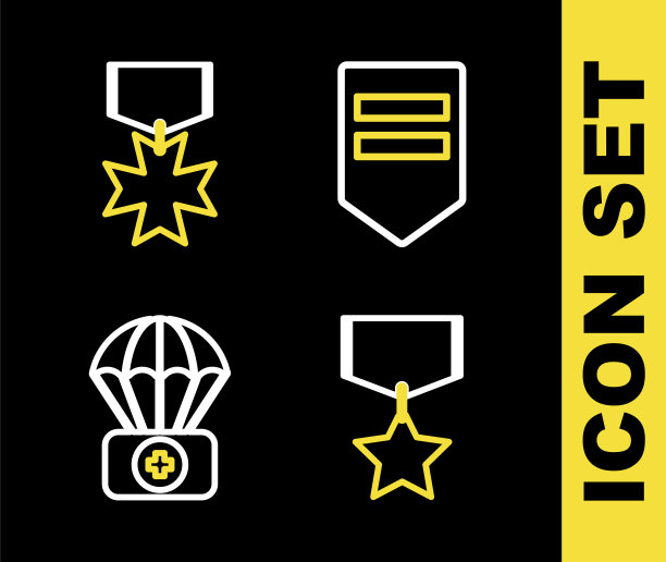 设定线雪佛龙，军事奖励奖章，降落伞与急救箱和图标。向量图片下载