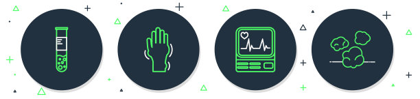 设置线手与牛皮癣或湿疹，监测心电图，试管瓶和灰尘图标。向量图片下载