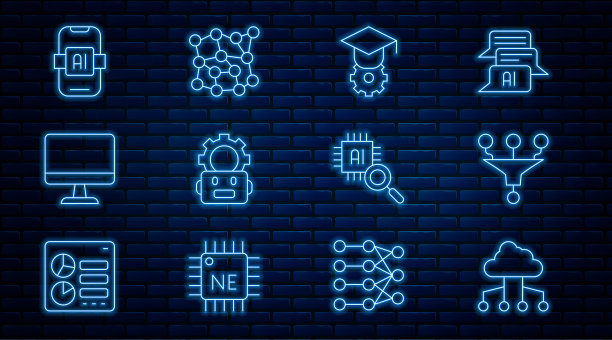 设置线网络云连接，漏斗过滤器，毕业帽，机器人设置，计算机显示器，人工智能AI，处理器CPU和神经网络图标。向量图片下载