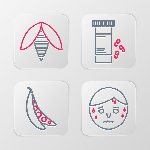 设置线男人过度出汗，芸豆，药瓶和药丸和蜜蜂图标。向量图片下载