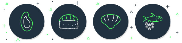 寿司，扇贝，贝壳，贻贝和鱼子酱图标鱼。向量图片下载