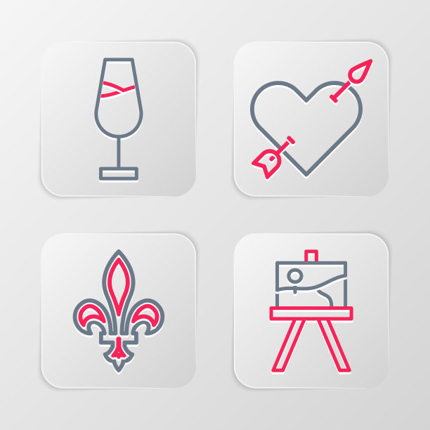 设线画架或绘画艺术板，芙蓉德丽丝，爱情与心和箭头和酒杯图标。向量图片下载