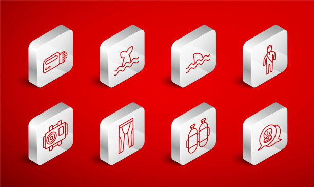 设置线扇贝海壳，鲸尾，鲨鱼，潜水潜水潜水服，aququalung，手电筒潜水员，和照片相机图标。向量图片下载