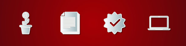 在锅中设置美元植物，文件，批准和检查标记和笔记本电脑图标。向量图片下载